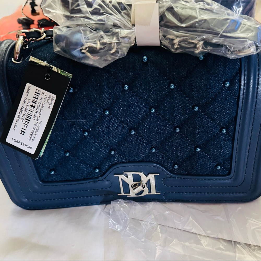 Badgley Mischka Navy Denim Quilted Shoulder Bag